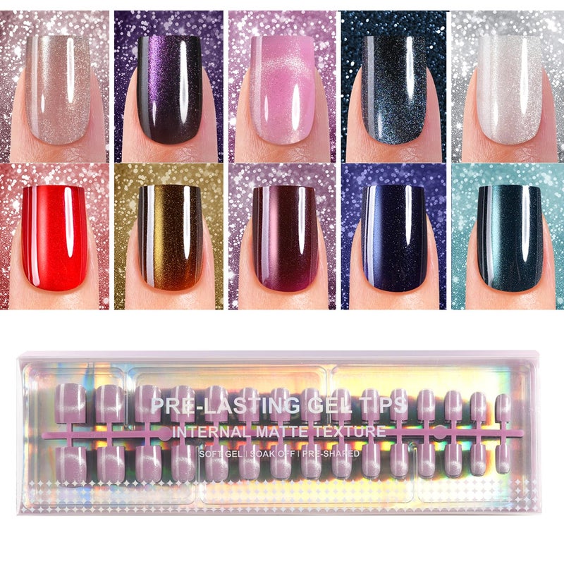 Plauva Cat Eye Press on Nails, 300Pcs XS Short Square Cat Eye Nail Tips, Glossy Glitter Soft Gel Fake Nails for Women and Girls Stick On Nails in 15 Sizes - Image 1
